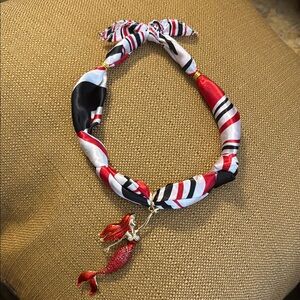Red and Black Striped Scarf Necklace with Mermaid Pendant (not vintage)